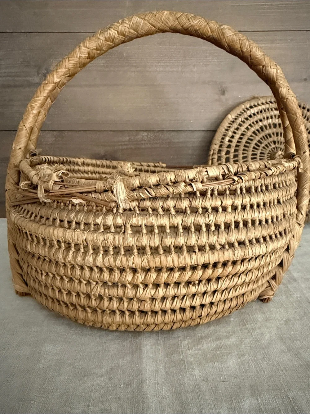 Old Hand Woven Basket with Handle & Lid